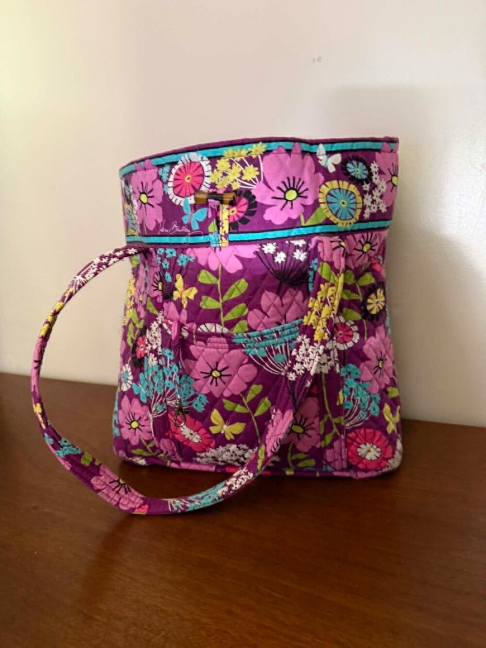 Vera Bradley Vera Tote Purple Flutterby Bag with Horn Toggle Button